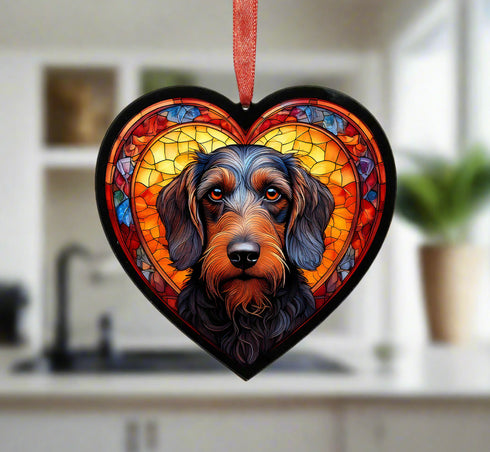 Dachshund Wirehaired Stained Glass Effect Heart Suncatcher